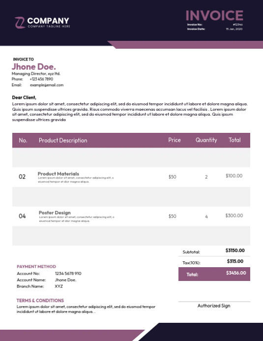 Purple Design Invoice Template Flyer (US Letter)