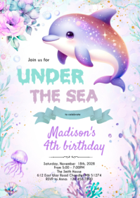 Purple dolphin birthday party invitation A6 template