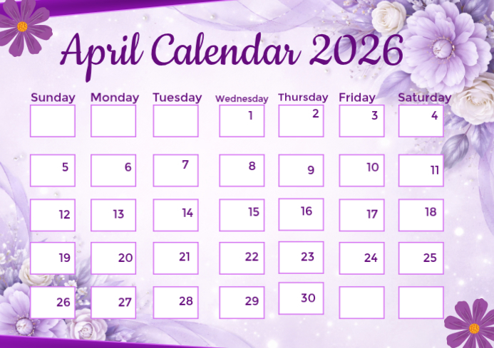 Plantilla de Purple Floral April Calendar A4 | PosterMyWall