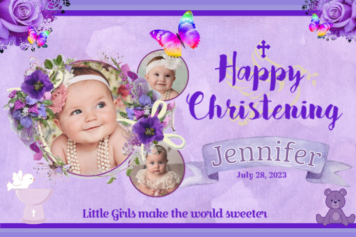 Purple Floral Christening แบนเนอร์ 4' × 6' template