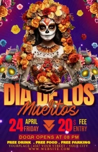 Purple Floral Dia De Los Muertos Half Page Wide Halbe Seite breit template