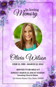 Purple floral funeral announcement card Half Page Wide template