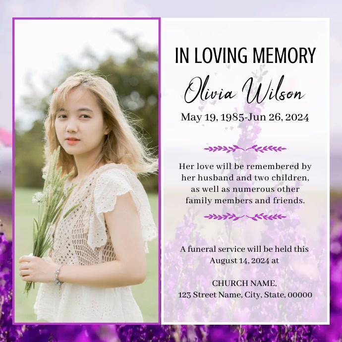 Purple Floral Funeral Program Announcement In Template | PosterMyWall