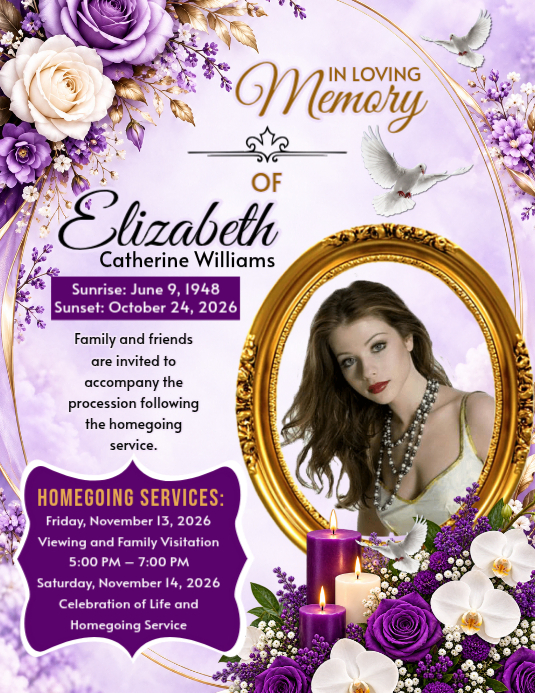 Purple Floral Memorial Service Flyer Template | PosterMyWall