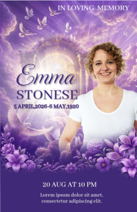 Purple Floral Memorial Tribute Half Page Wide template