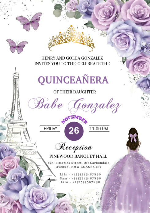 Purple Floral Quinceañera party invitation A4 template