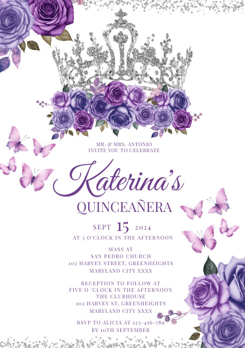Purple Floral Quinceanera Invitation A4 Template | PosterMyWall