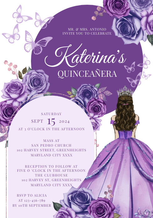 Purple Floral Quinceanera Invitation A4 Template | PosterMyWall