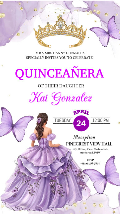 Purple Floral Quinceañera Party Invitation  Instagram Story template
