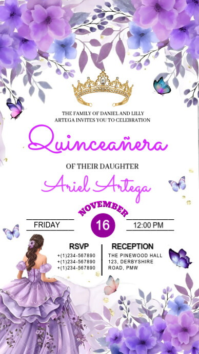 Purple Floral Quinceañera Party Invitation  Instagram Story template