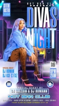 Purple Floral Saturday Divas Night Party Flyer Digital Display (9:16) template