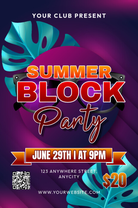 Purple Floral Summer Block Party Poster Cartaz template