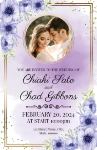 Purple Floral Wedding Invitation Template Half Page Wide