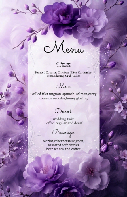 Purple Floral Wedding Menu Half Page Wide Template | PosterMyWall