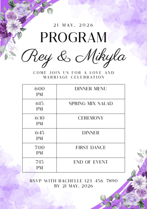 Copy of Purple Floral Wedding Program | PosterMyWall