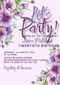 Purple flower Birthday Invitation A5 template