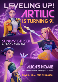 Purple Futuristic K-pop Birthday Invitation A6 template