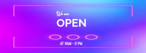 Purple Futuristic Neon We Are Open Facebook Cover Video  Facebook Cover Photo template