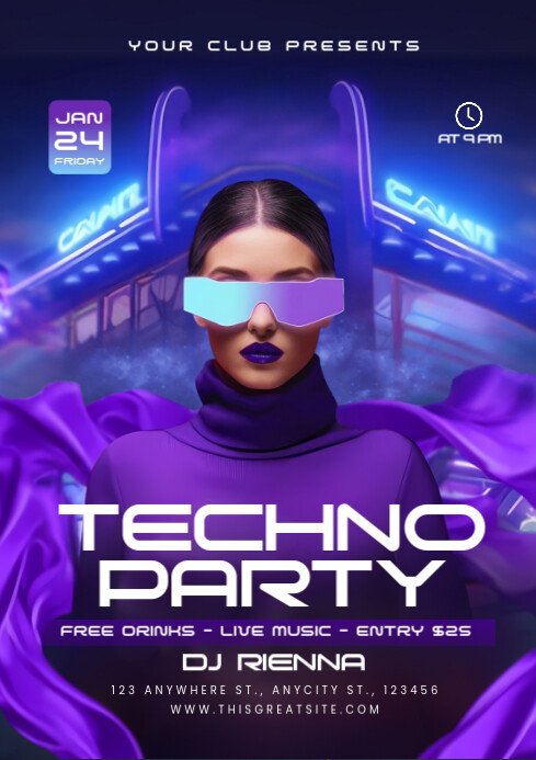 Purple Techno Party A4 Template | PosterMyWall