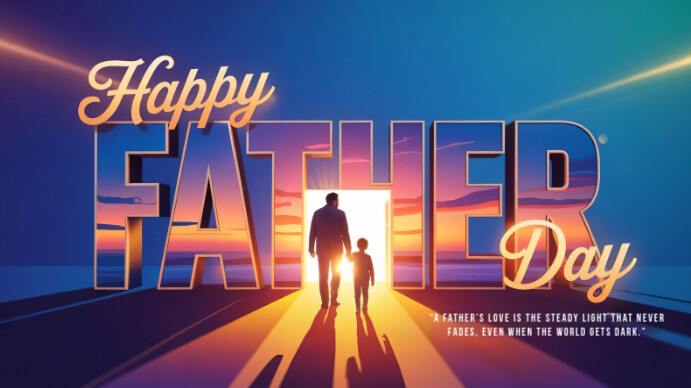 Purple Geometric Father's Day Poster Dad And Child Silhouette With Sunset And Quotes Design  Digital template