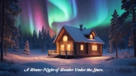Purple Geometric Northern Lights Cabin Poster Template – Aurora Borealis Winter Night Retreat Design Digital Display (16:9)