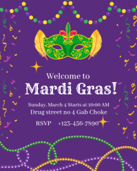 Purple Gradient Mardi Gras Party Invitation Flyers Instagram Portrait template