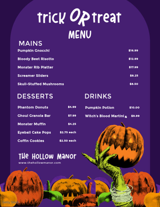 Purple Halloween Food Menu with Pumpkins Folheto (US Letter) template
