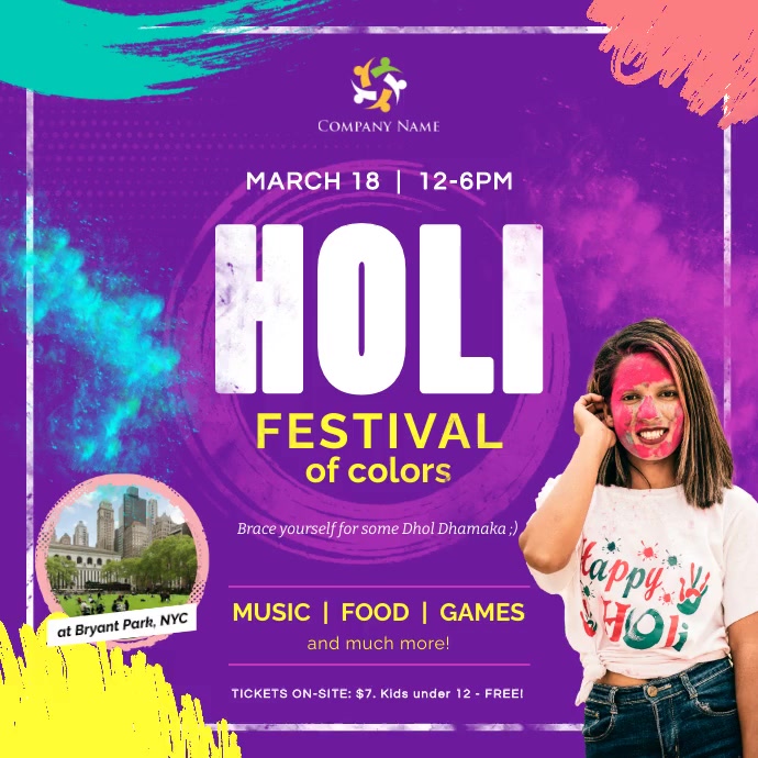 Purple Holi Festival Invitation Instagram Vid Quadrado (1:1) template