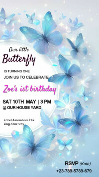 Purple Illustrative Blue Butterfly Themed Kids Birthday  Instagram Story template