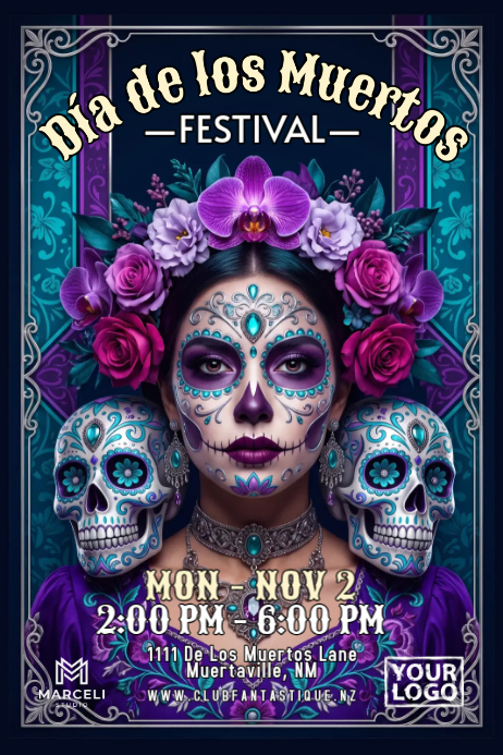 Purple Illustrative Día De Los Muertos Poster Template | PosterMyWall