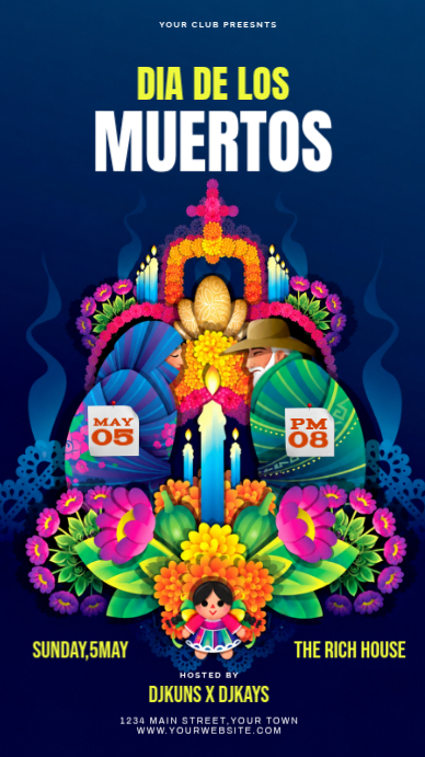 Purple Illustrative Dia De Los Muertos Party Instagram Story Template ...