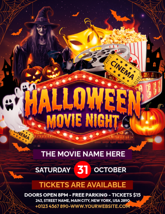 Purple Illustrative Halloween Movie Night Flyer Template | PosterMyWall