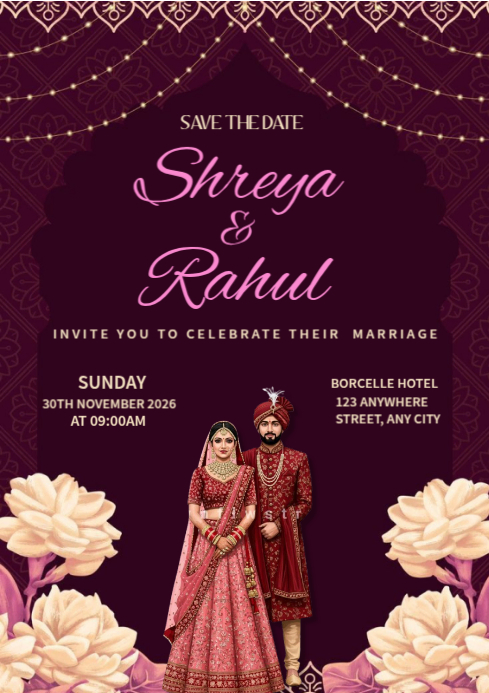 Purple Illustrative Indian Wedding Invitation Template A4 | PosterMyWall