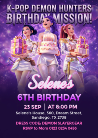 Purple Illustrative K-pop Birthday Invitation A6 template