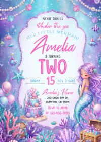 White Mermaid Birthday Party A6 Template