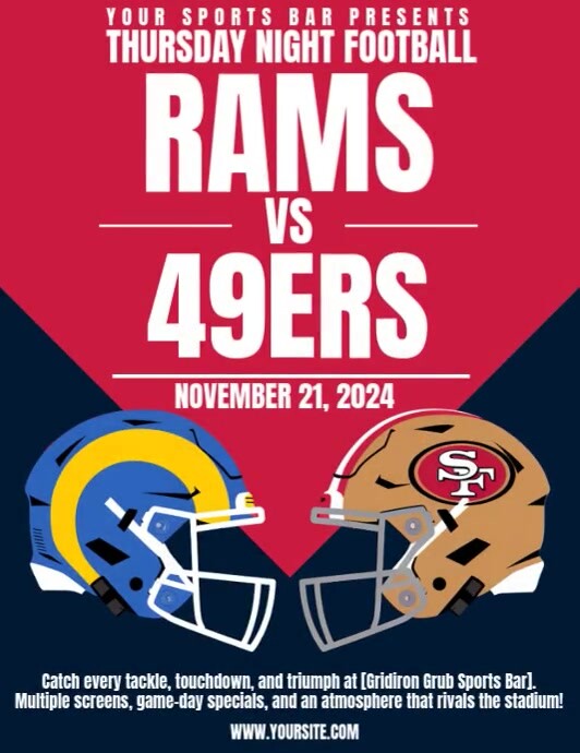 Purple Illustrative Nfl Football Flyer Rams Vs 49ers. Thursday Night Football. Nfl American Football Folheto (US Letter) template