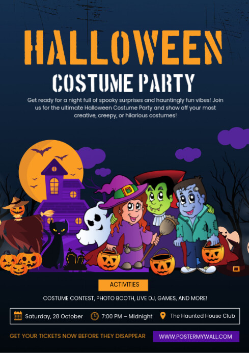 Plantilla de Purple Ilustratif Halloween Costume Party A4 | PosterMyWall