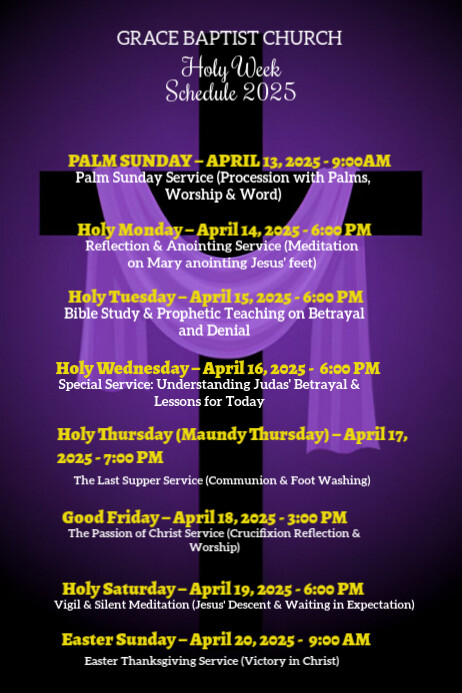 Easter Week Timetable Purple Joyful Easter Week Schedule Poster Template | PosterMyWall