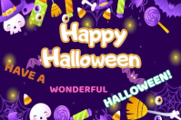 Purple Joyful Editable Halloween Greeting Video With Cartoon Icons And Animated Text Poster template