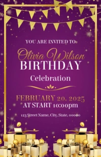 Purple Joyful Happy Birthday Invitation Half Page Wide Media Página Ancho template