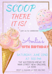Purple Joyful Ice Cream Birthday Party A6 template