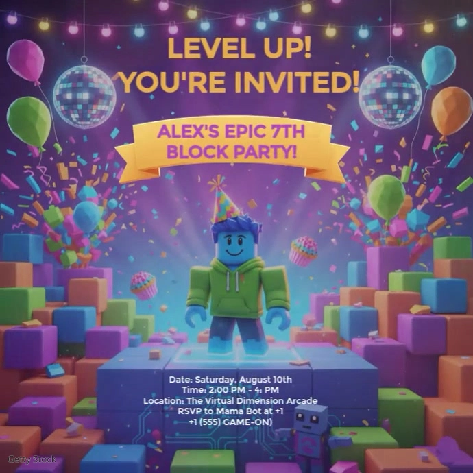 Purple Joyful Level Up! Blocky Pixel Game Birthday Invitation Instagram Post template
