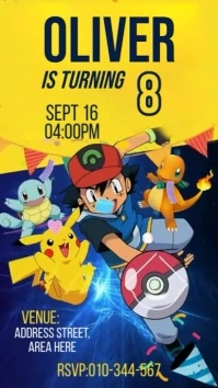 Purple Joyful Pokemon Birthday Video Invitati Digital Display (9:16) template