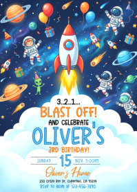 紫色 Space-Themed Birthday Party A6 Template