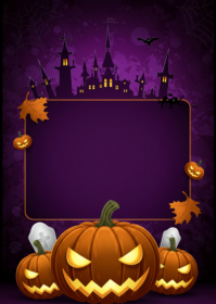 Purple Joyful Spooky Haunted Castle Halloween Party Flyer With Jack-o'-lanterns A6 template