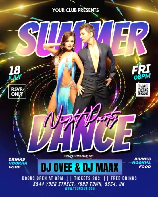 Purple Joyful Summer Dance Night Party Video Flyer Instagram Portrait template