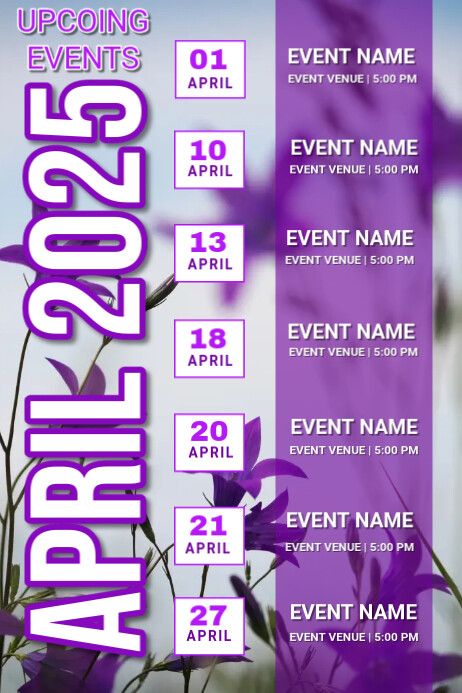 Purple List-based April Upcoming Events  Poster template