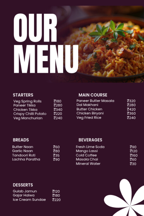 Purple List-based Indian Restaurant Menu Poster Template | PosterMyWall