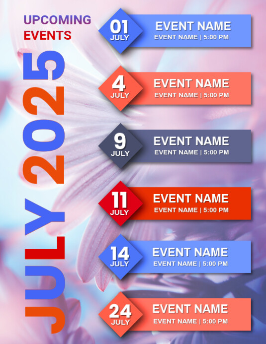 Purple List-based July Upcoming Events  Flyer (us Letter) template