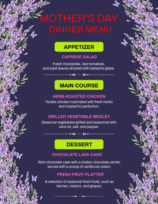 Purple List-based Mothers Day Menu Card  Flyer (us Letter) template